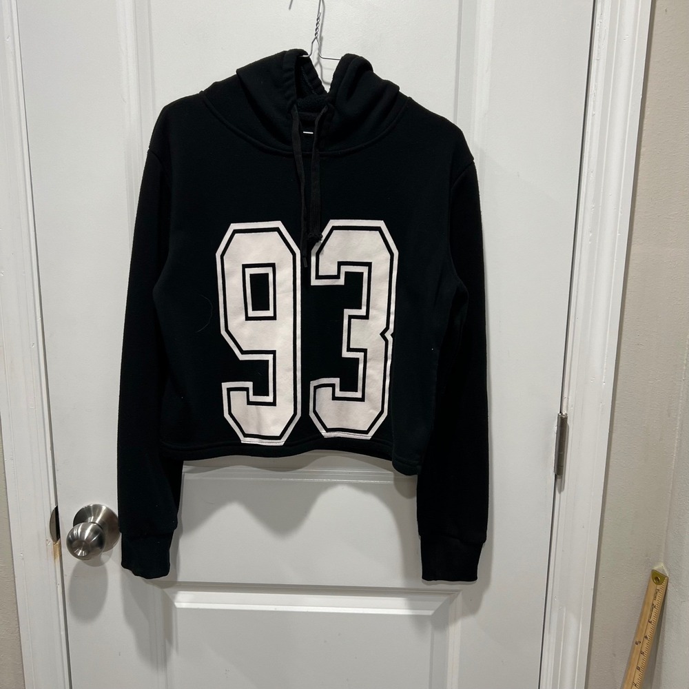 Concepts Women Cropped Hoodie Black Graphic 93 Sweatshirt Flawed Size L